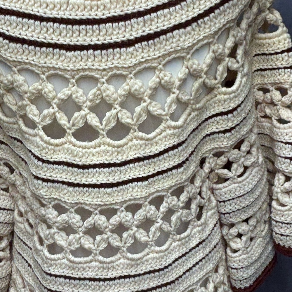 Vintage 60s One of a Kind Hand Crocheted Ivory with Brown Trim Sweater Jacket - Picture 9 of 9